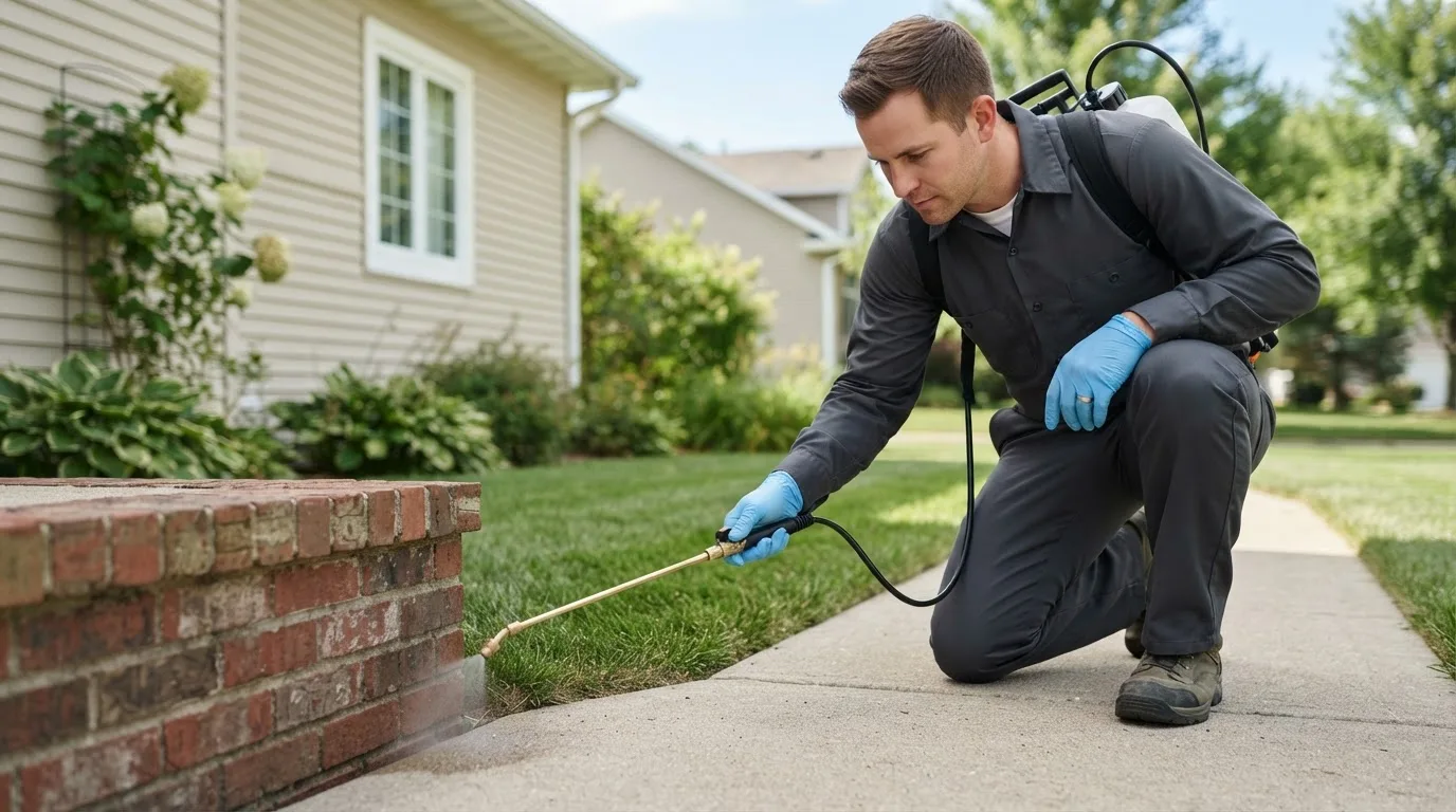 Pest control technician treating a home near Fort Wainwright, AK